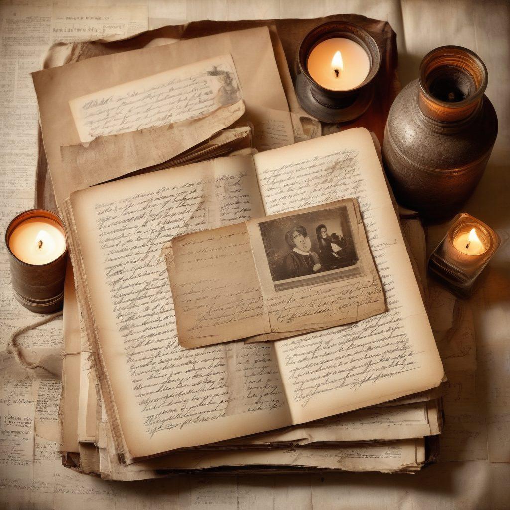 A sepia-toned collage of historical love letters, vintage photographs, and weathered diary pages, delicately arranged with soft candlelight illuminating the scene. Elements of aged textures and gentle, nostalgic hues enhance the emotive memories captured in the image. A mood of gentle reminiscence and timeless bonds. painting. warm palette. soft focus.