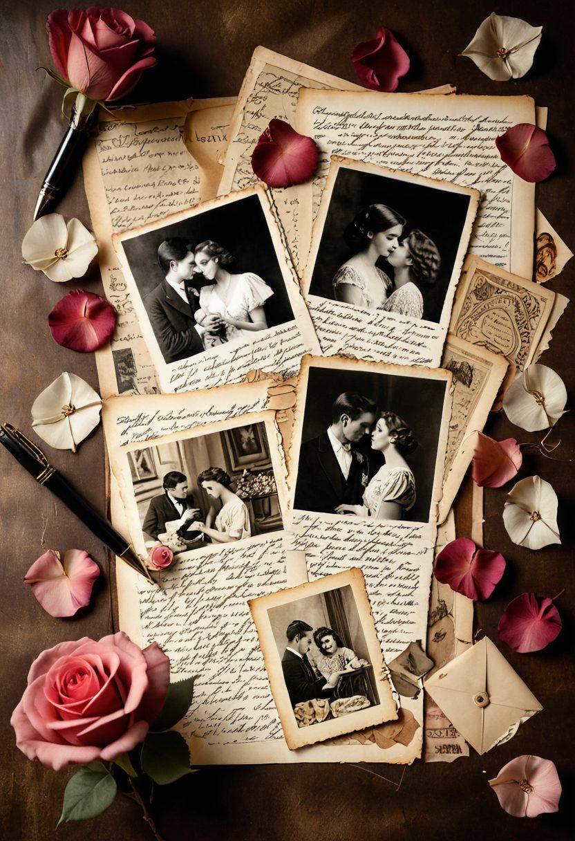 A nostalgic collage of vintage love letters and sepia-toned photographs, showcasing couples from different eras, all surrounded by faded rose petals and antique ink pens. A warm glow illuminates the scene, evoking a sense of timeless romance. painting. warm colors. vintage aesthetic.