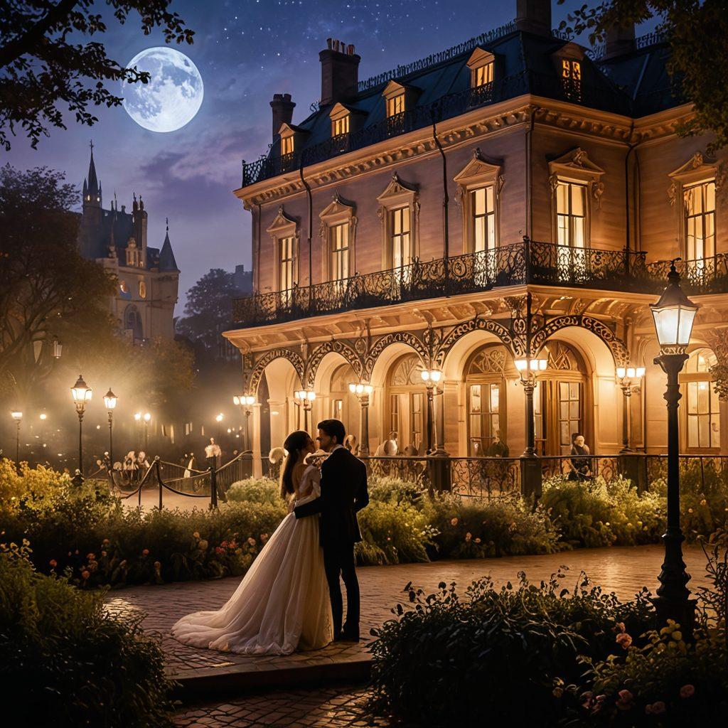 A misty, moonlit garden with lovers from different historical periods, from medieval knights to modern-day couples, sharing tender moments. The backdrop features iconic romantic settings like ancient castles, Victorian ballrooms, and Parisian cafés. ethereal glow. painting. soft, warm colors.